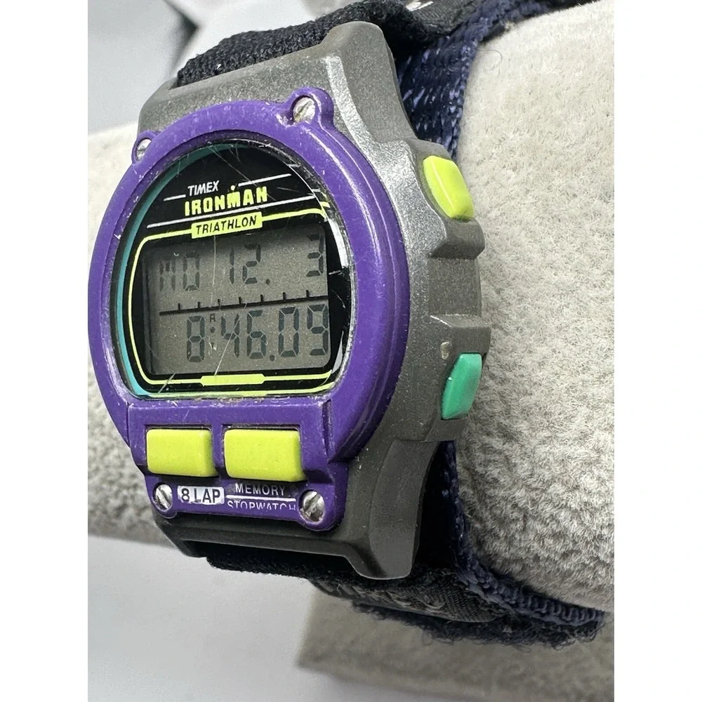 Timex 760 D7 Ladies Watch 1996 90's New Battery 8 Lap Purple Bezel 32MM 7.5
